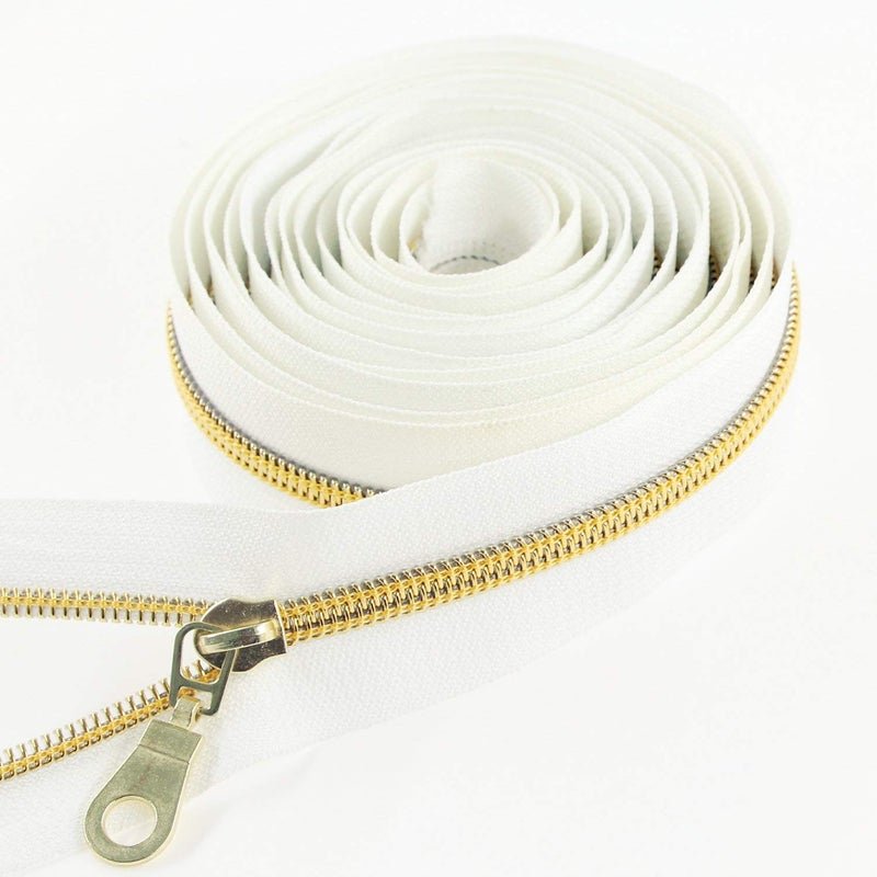 Leekayer White Nylon Zipper #5 Gold Metallic Nylon Coil Teeth Zipper by The Yards Bulk 10 Yards Tape with 25pcs Gold Sliders for DIY Sewing Tailor Craft Bag(White) - Image 2